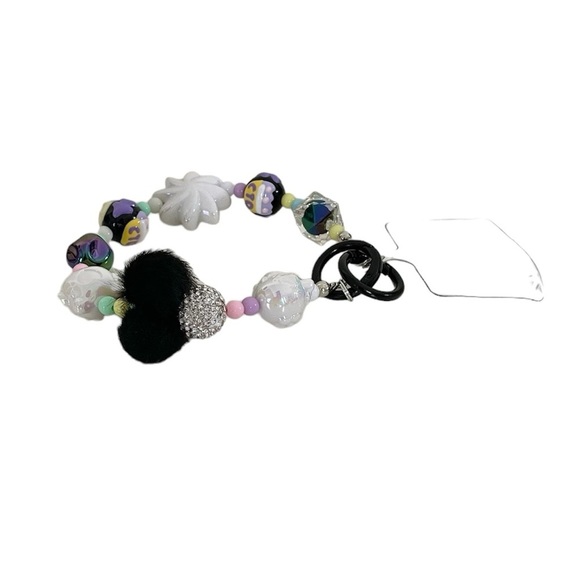 Black & Purple Pom Pom Kitty Beaded Charm Phone Accessory Wristlet with tab - Picture 6 of 17